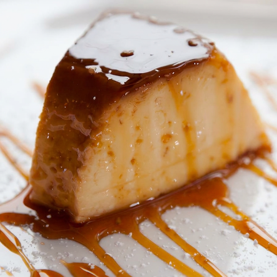 Caramel-glazed flan served on a white plate with decorative caramel drizzle and powdered sugar.