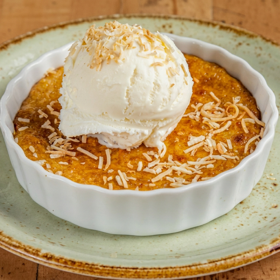Golden baked dessert topped with shredded coconut and vanilla ice cream, served in a white ramekin on a rustic plate.