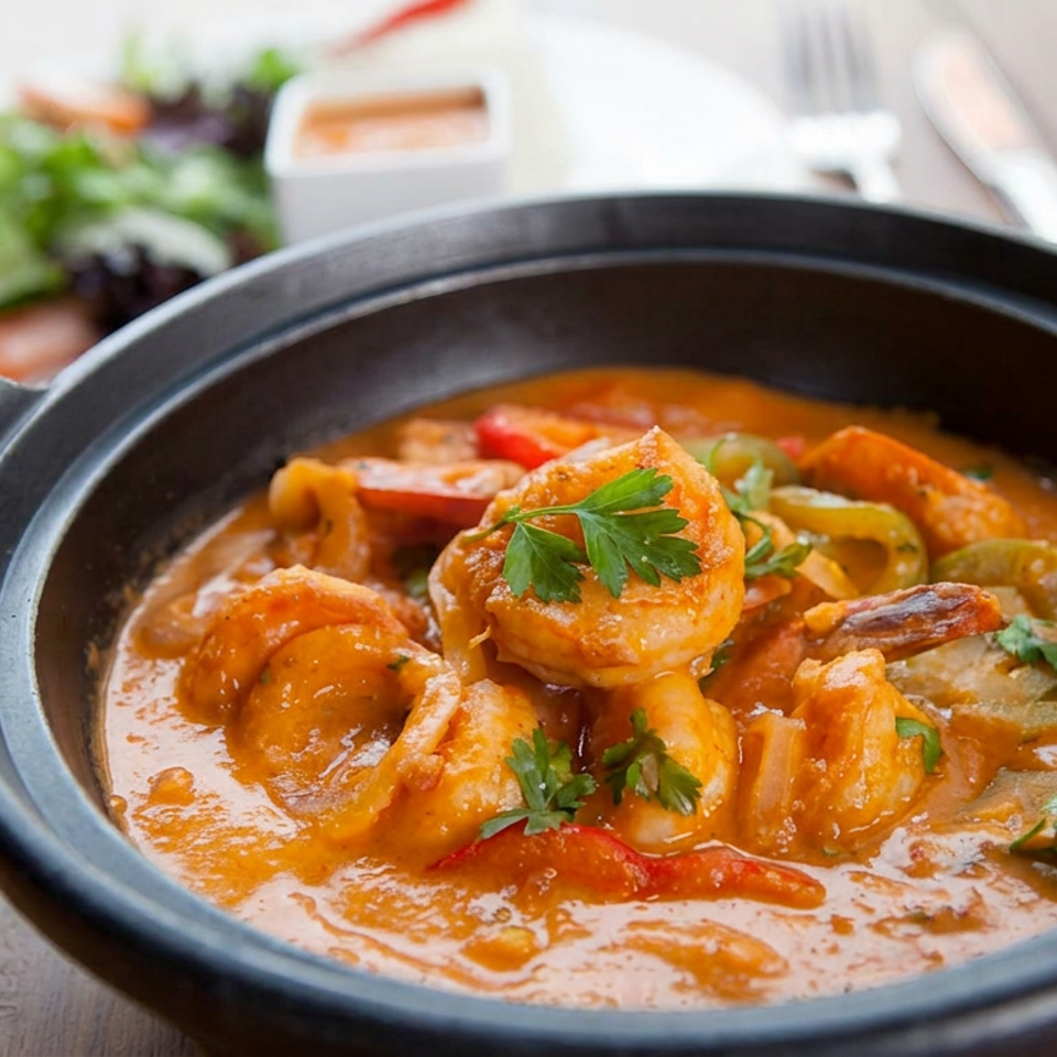 Shrimp and vegetables simmer in a creamy orange curry sauce in a black serving dish, garnished with fresh parsley.