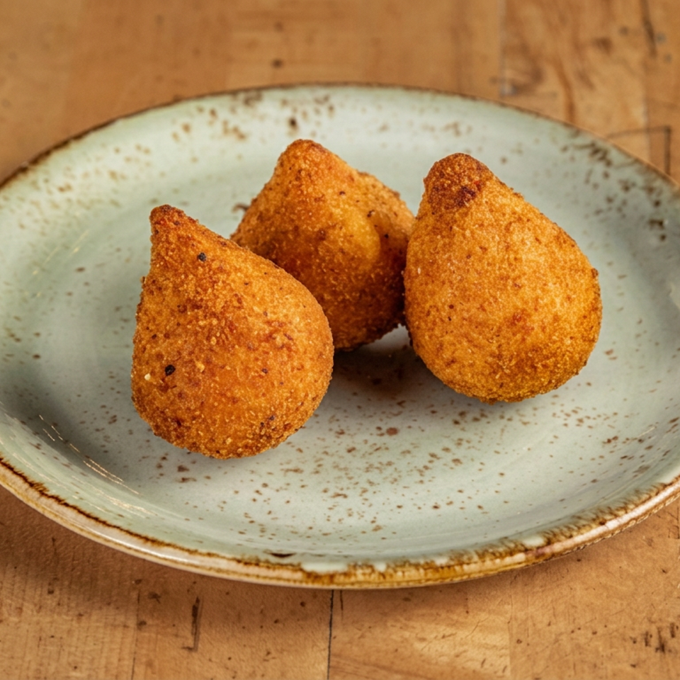 Three golden-brown, teardrop-shaped fried croquettes arranged on a rustic blue ceramic plate atop a wooden table.