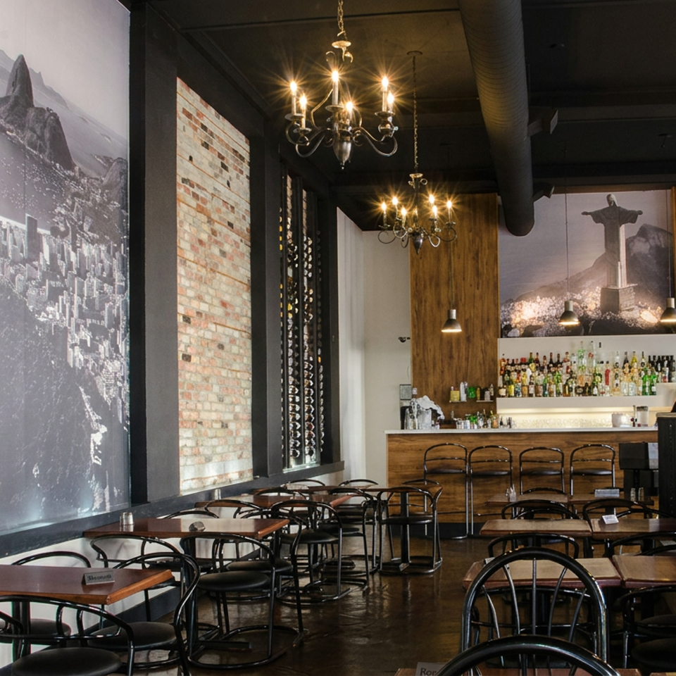 Stylish Brazilian restaurant interior with black furnishings, exposed brick, chandeliers, a stocked bar, and Rio de Janeiro murals.