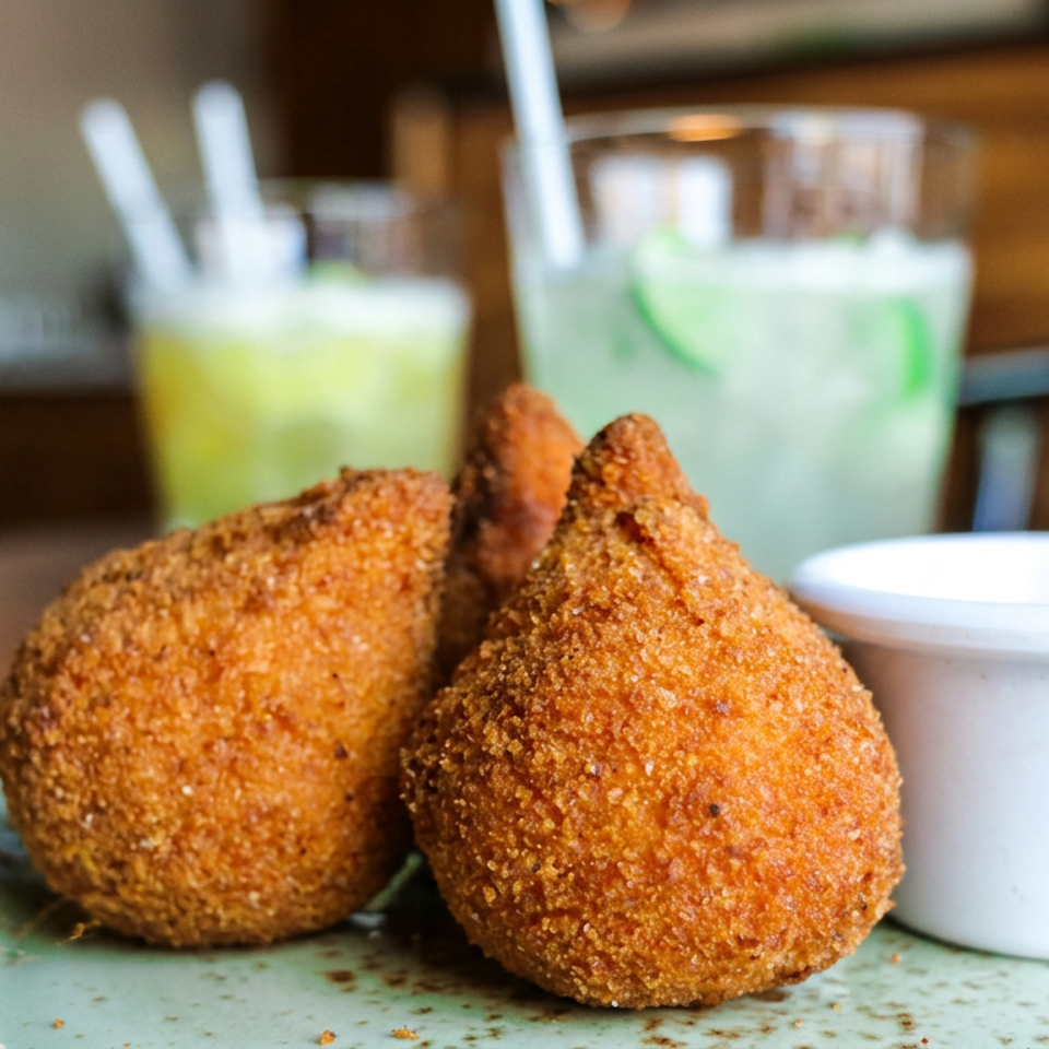 Three golden-brown fried croquettes sit on a rustic plate beside dipping sauce, with colorful drinks in the restaurant background.
