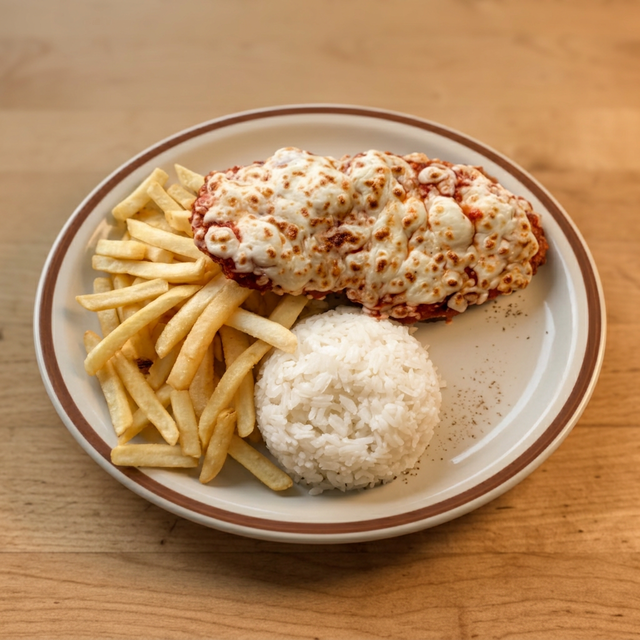 Bife ou Frango a Parmegiana.