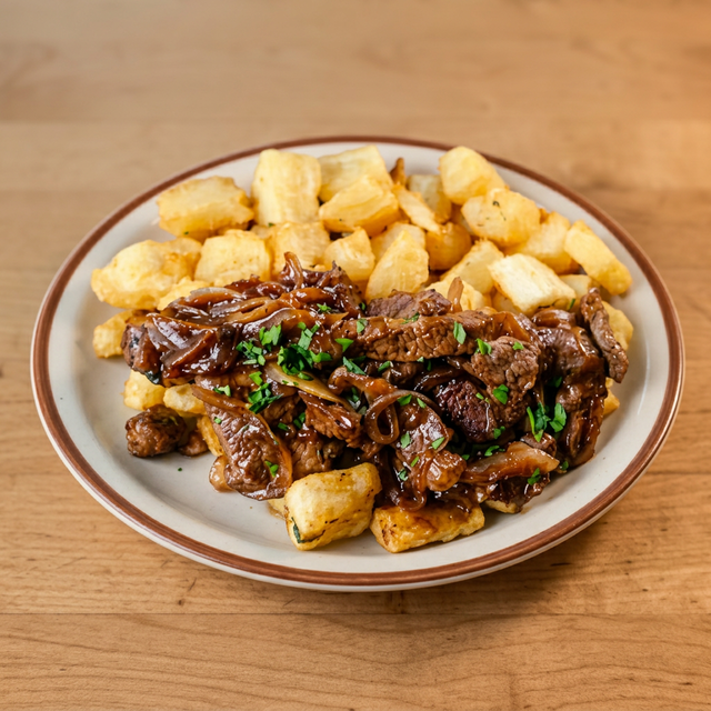 Isca de Carne Acebolada com Mandioca